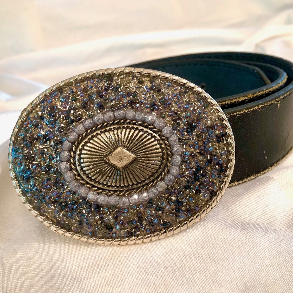 Handmade Blue Seed Beaded Belt Buckle w/ Genuine Black Med Leather Belt
